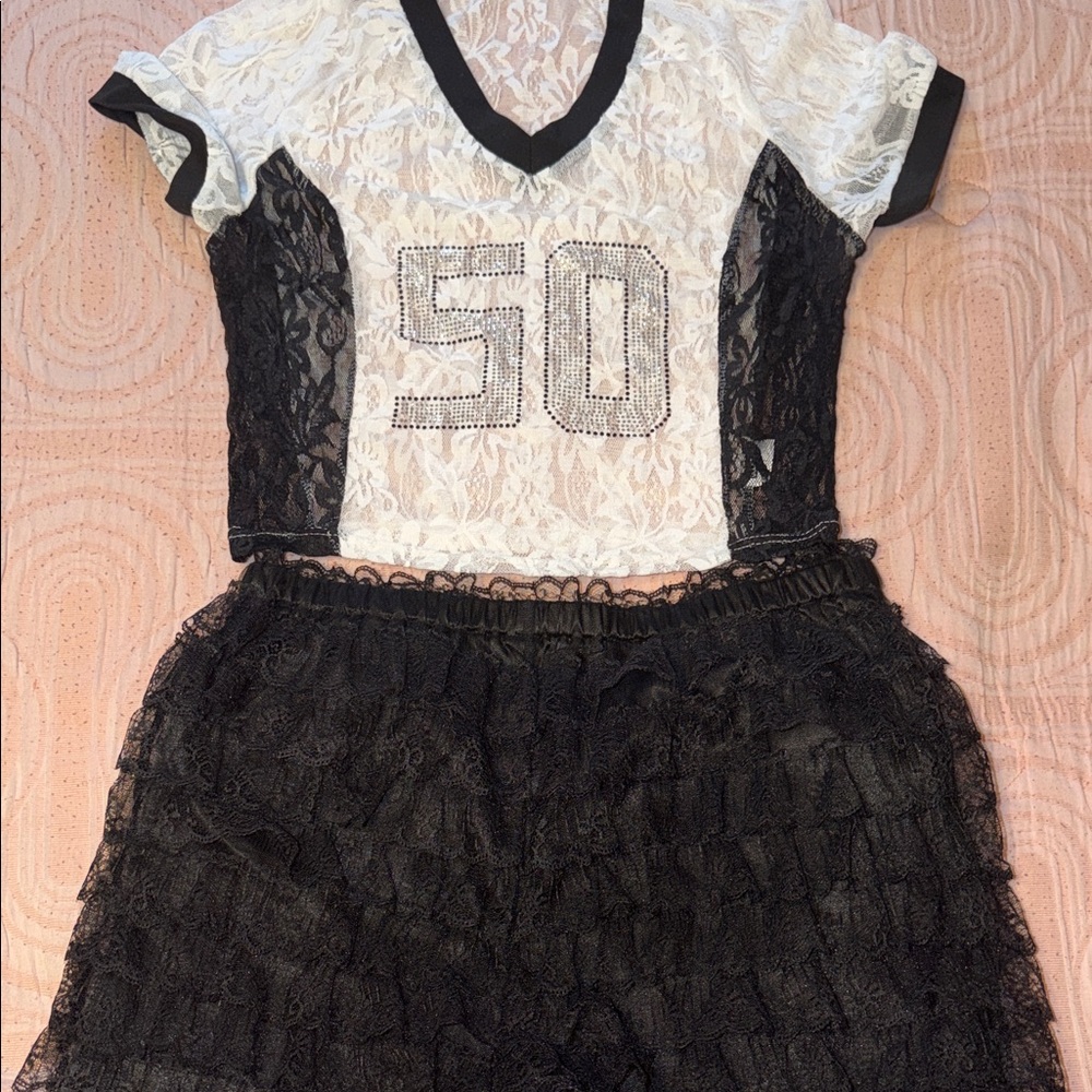 Lace Two-Piece Set with Rhinestone '50' Accent - White & Black